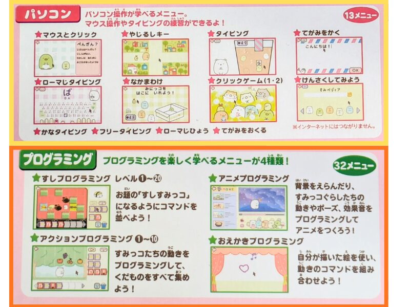 すみっコぐらしパソコンMY LIVEの取扱説明書に記載されたパソコン操作・プログラミングメニュー一覧