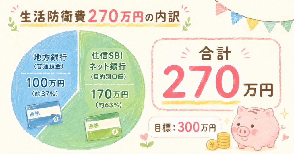 生活防衛費270万円の内訳。地方銀行（普通預金）100万円（約37%）、住信SBIネット銀行（目的別口座）170万円（約63%）。目標は300万円。