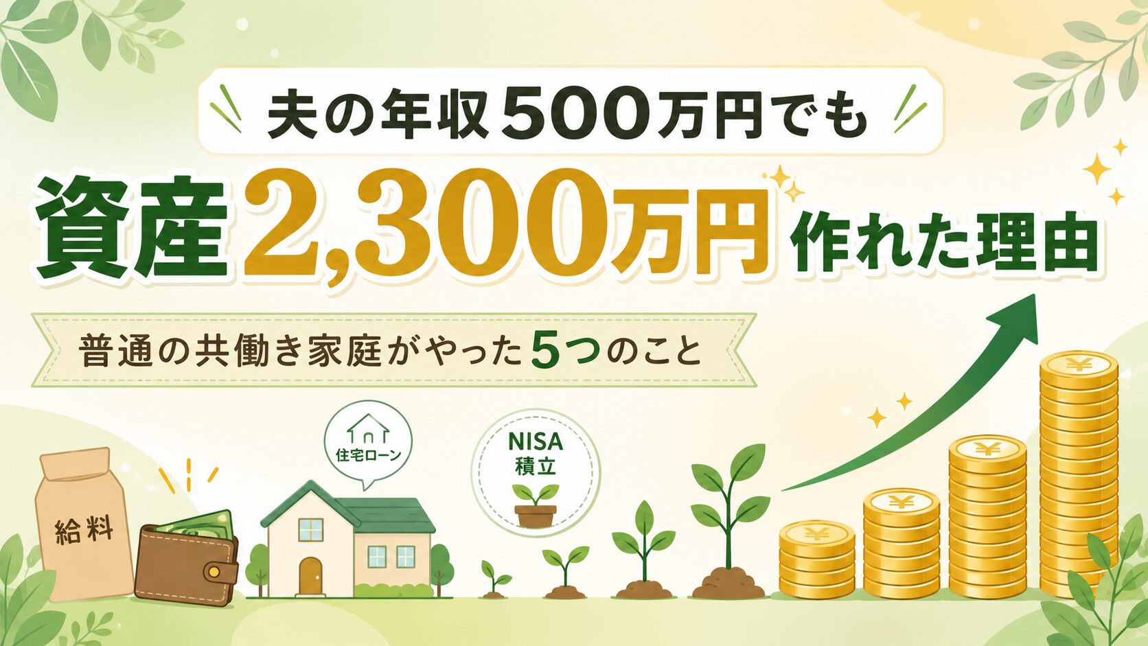 夫の年収500万円でも資産2,300万円作れた理由を表すアイキャッチ。給料・住宅ローン・NISA積立・コインの積み上がりのアイコンが並ぶ