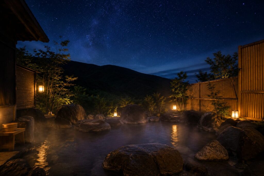 代替テキスト：満天の星空の下でゆったりくつろげる夜の露天岩風呂イメージ（※AI生成画像）