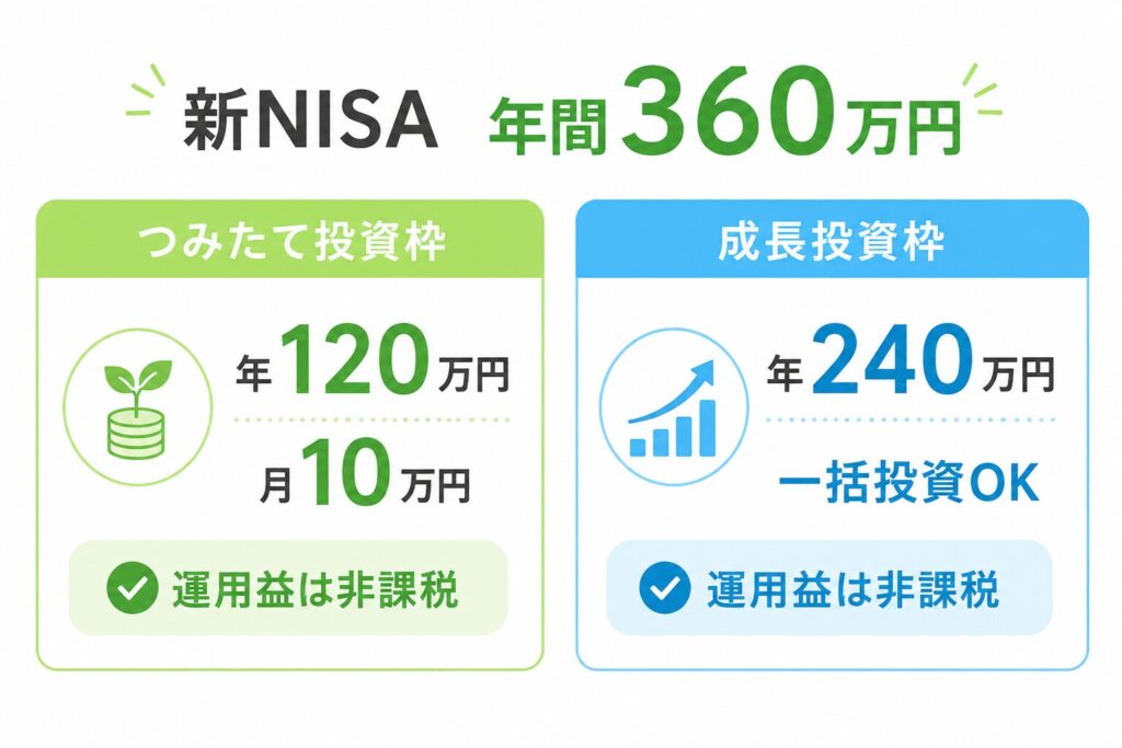 新NISA年間360万円の仕組み図。つみたて投資枠(年120万円・月10万円)と成長投資枠(年240万円・一括投資OK)の比較