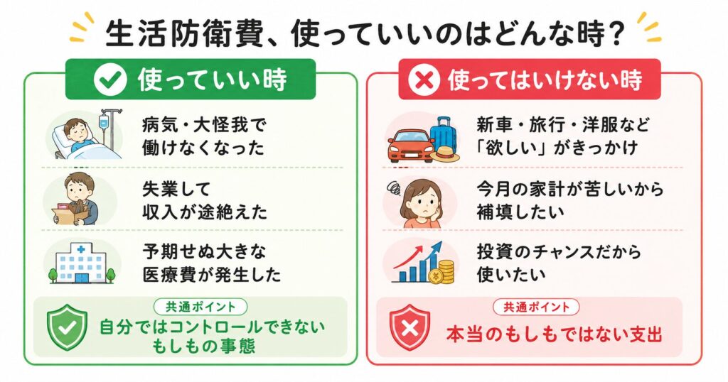 生活防衛費を使っていい時（病気・失業・医療費）と使ってはいけない時（欲しいもの・家計補填・投資）の比較図