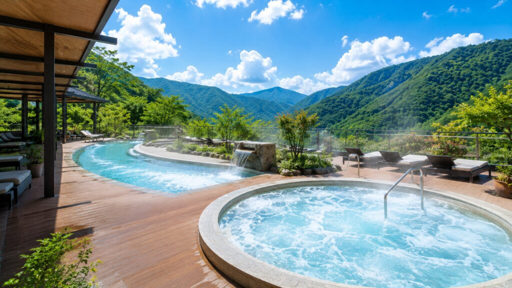 代替テキスト：山の景色を望む屋外テラスのジャグジーと流水プールイメージ（※AI生成画像）