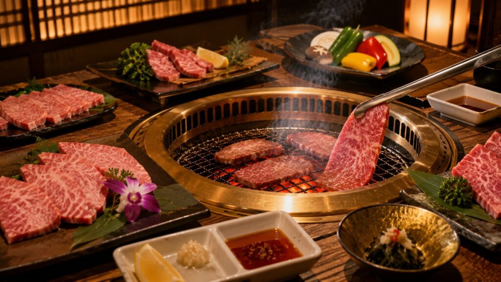 代替テキスト：料理長厳選の和牛焼肉コースイメージ（※AI生成画像）