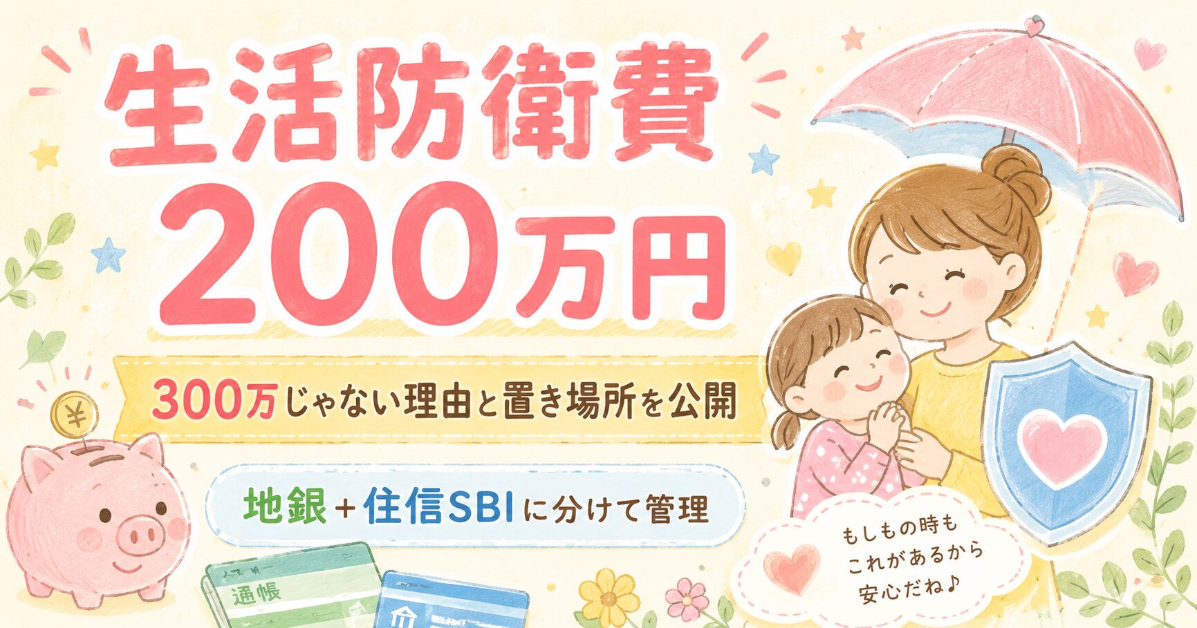 生活防衛費200万円の理由と置き場所を解説するブログ記事のアイキャッチ。300万じゃない理由と、地銀＋住信SBIに分けて管理している方法を公開。