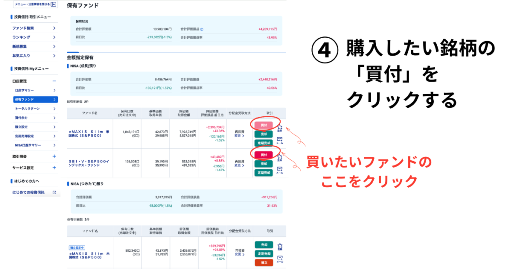 SBI証券の保有ファンド画面|eMAXIS Slim S&P500の赤い買付ボタンをクリックする手順