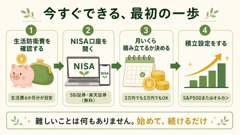 投資を始める4ステップの図。生活防衛費確認→NISA口座開設→積立額を決める→S&P500またはオルカンで積立設定