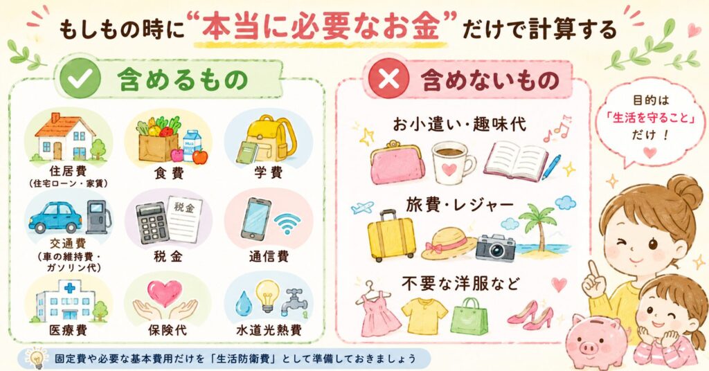 生活防衛費に含めるもの（住居費・食費・学費・交通費・税金・通信費・医療費・保険・光熱費）と含めないもの（お小遣い・旅費・不要な洋服）の図解。