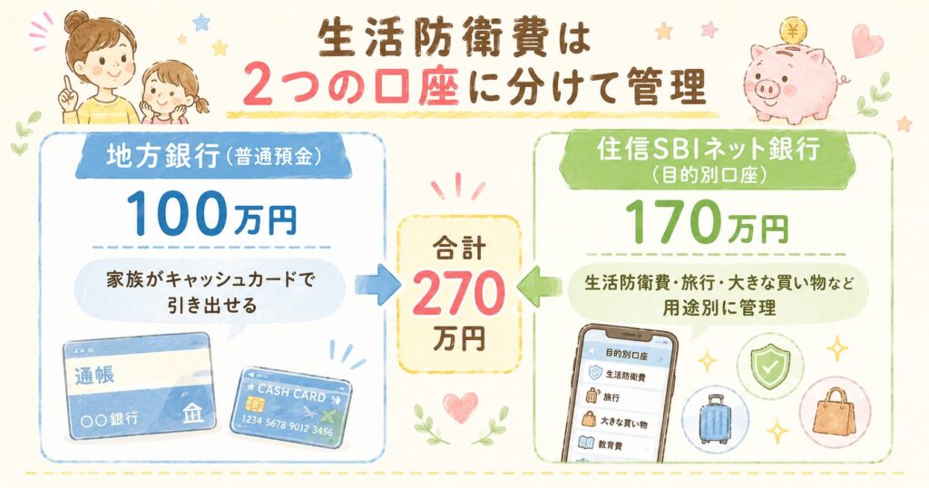 生活防衛費2つの口座管理。地方銀行（普通預金）100万円は家族がキャッシュカードで引き出せる。住信SBIネット銀行（目的別口座）170万円は生活防衛費・旅行・大きな買い物など用途別に管理。合計270万円。