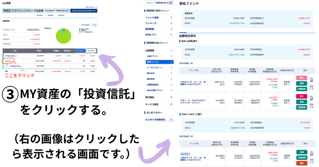 SBI証券の保有ファンド一覧画面|NISA成長預りとつみたて預りの残高が確認できる