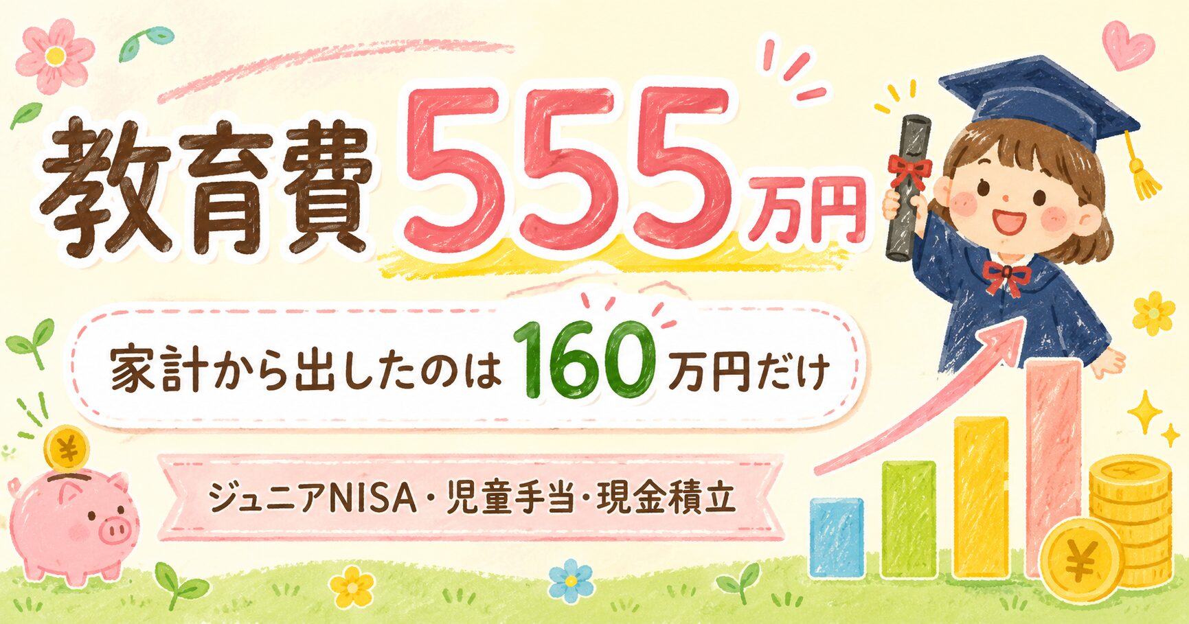 教育費555万円の準備方法。家計から出したのは160万円だけ。ジュニアNISA・児童手当・現金積立の3つの方法を紹介するブログ記事のアイキャッチ画像。