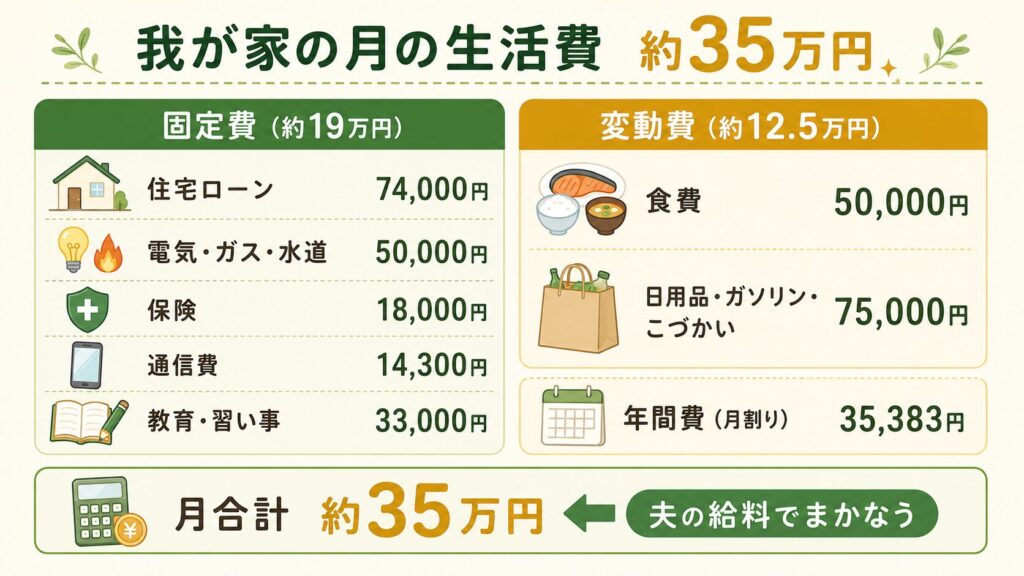 我が家の月の生活費内訳図。固定費約19万円（住宅ローン・光熱費・保険・通信・教育）と変動費約12.5万円を合わせた月合計約35万円を夫の給料でまかなう