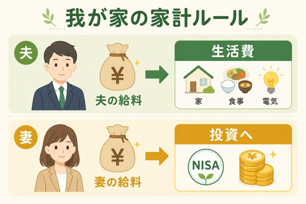 我が家の家計ルールを示す図解。夫の給料は生活費（家・食事・電気）へ、妻の給料はNISAと投資へ振り分ける仕組み