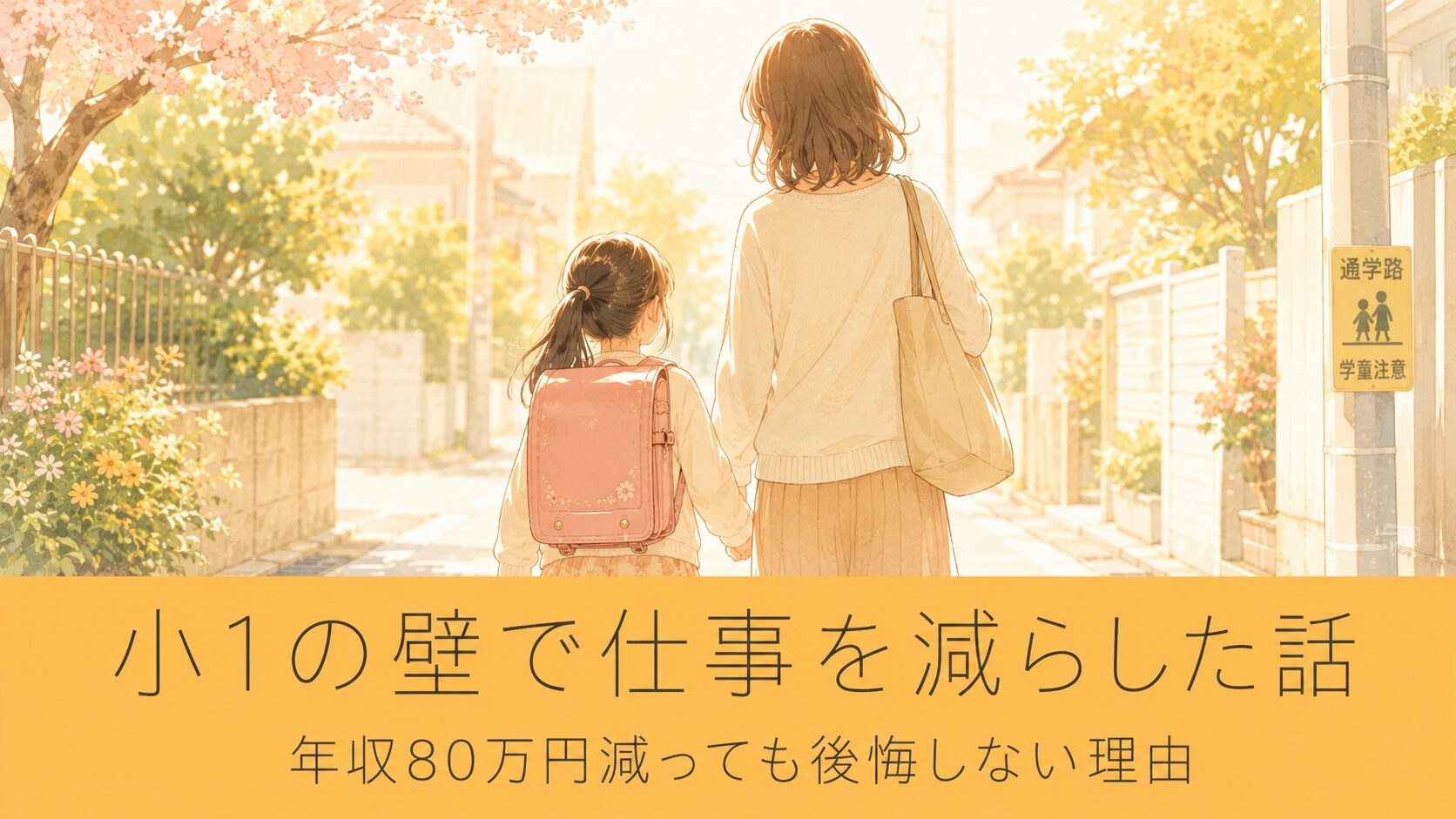 小1の壁で仕事を減らした話。母と娘が手をつないで通学路を歩くイラスト