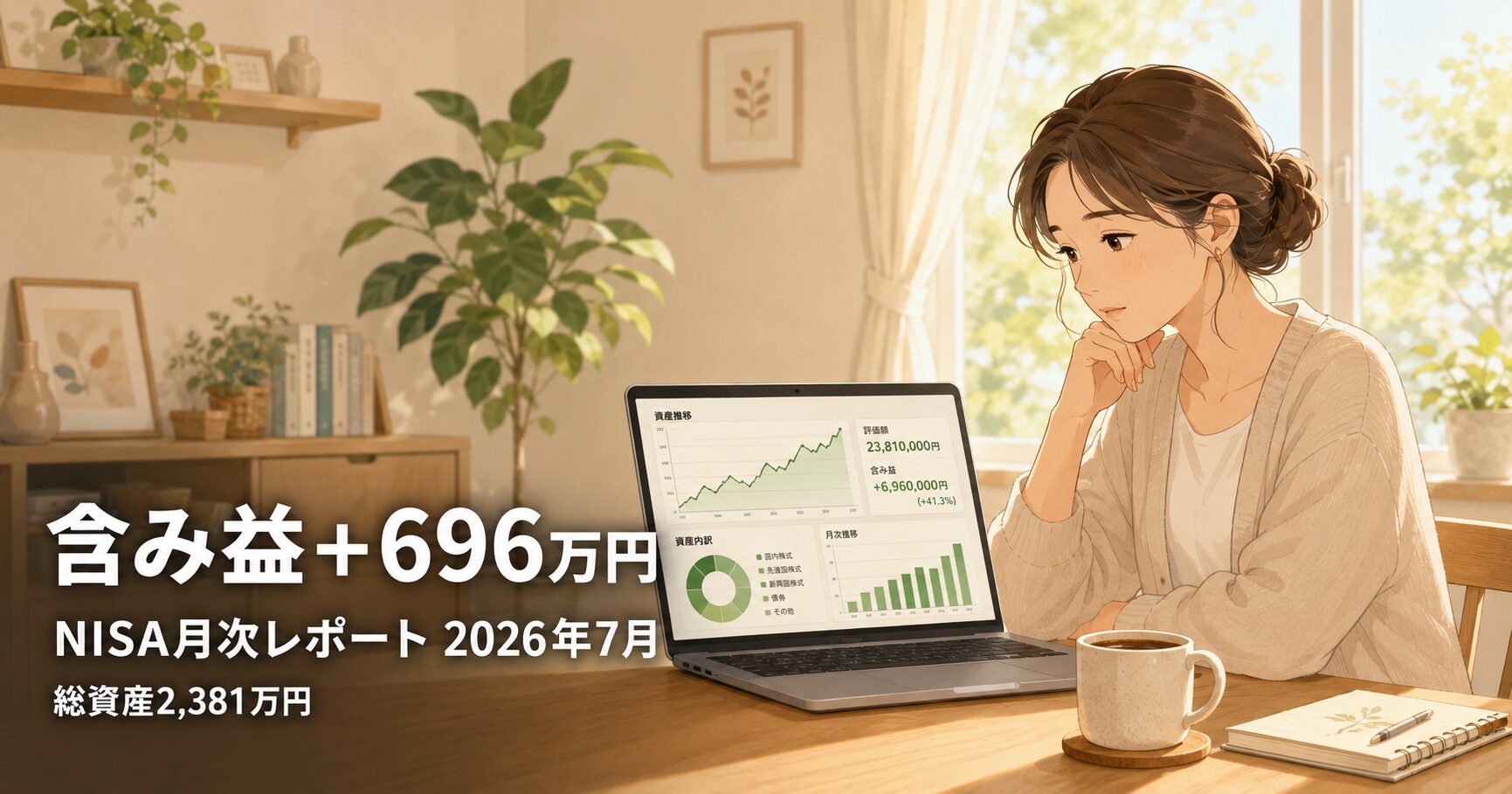 パソコンで投資グラフを確認する30代ママのイラスト｜NISA月次レポート2026年7月・含み益+696万円