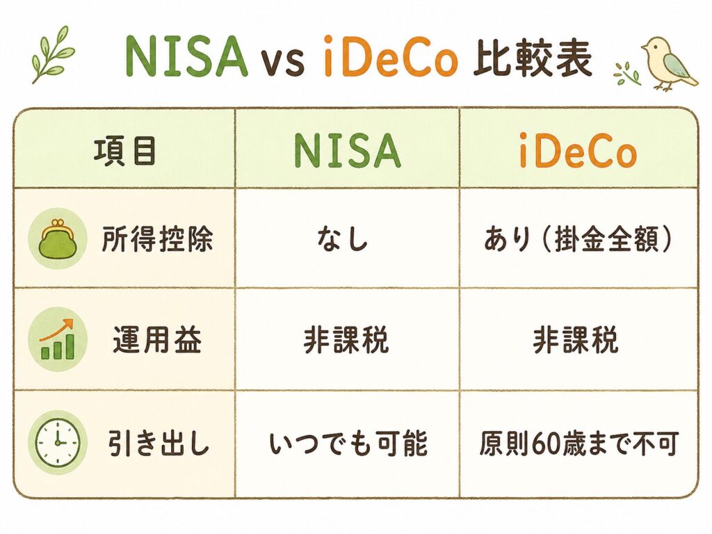 NISAとiDeCoの比較表。所得控除・運用益・引き出し条件を項目別に比較したイラスト