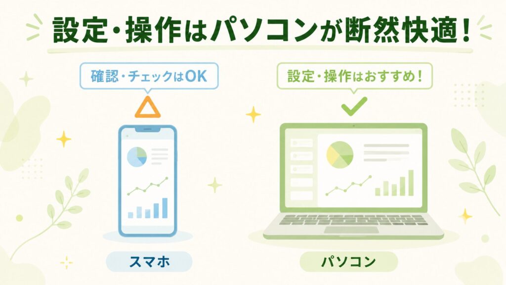 スマホとパソコンを比較したイラスト。SBI証券の設定・操作はパソコンが断然快適であることを示す図