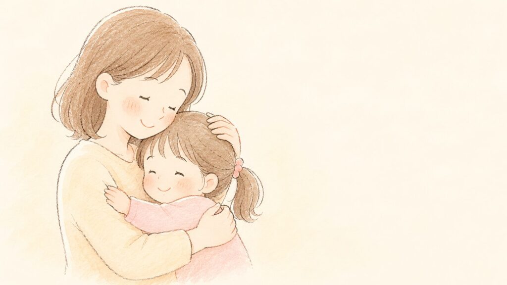 学童の悩みを乗り越えて安心した表情の親子のイラスト