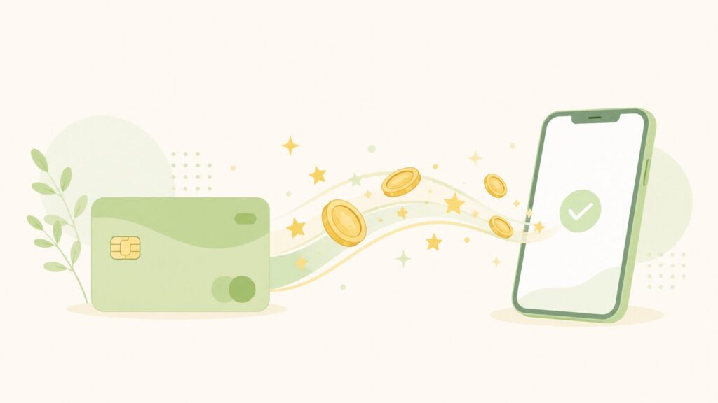 クレジットカードからスマートフォンにコインが流れるイラスト。クレカ積立でポイントが貯まるイメージ。
