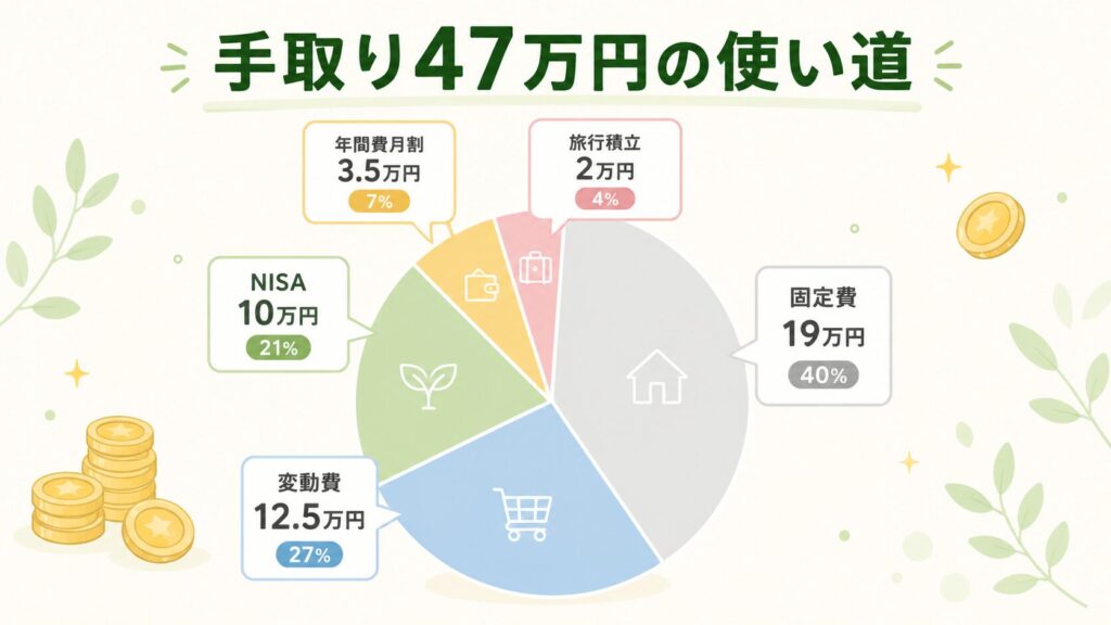 手取り47万円の月の使い道を示す円グラフ。固定費19万・変動費12.5万・NISA10万・年間費月割3.5万・旅行積立2万