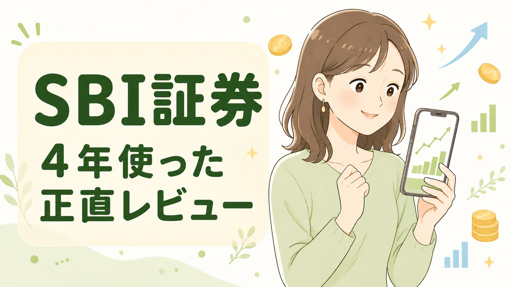 SBI証券のメリット・デメリットを正直にレビューする30代ママをイメージしたイラスト