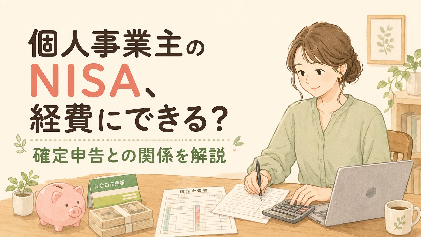 個人事業主のNISAと確定申告についてのイラスト。女性が自宅で確定申告書や電卓を使って作業している様子
