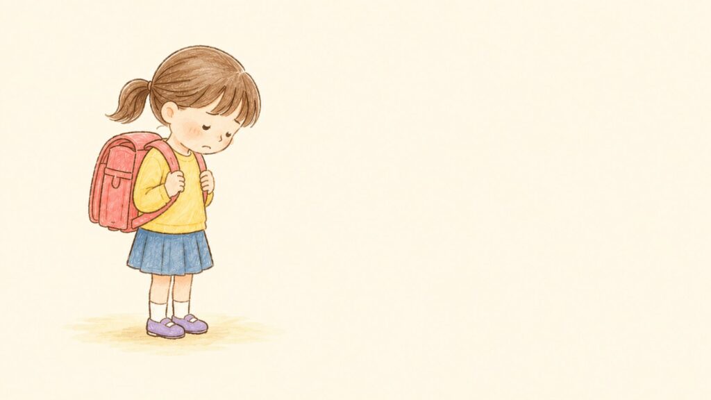 学童に行きたくないとランドセルを背負ったまま下を向く小学生の女の子のイラスト
