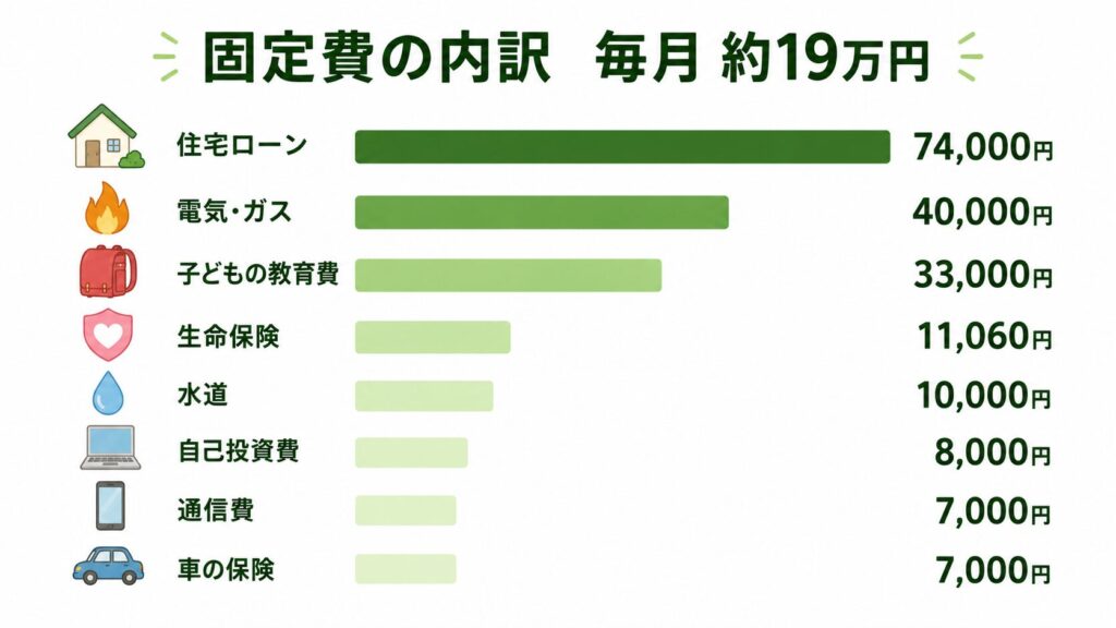固定費の内訳インフォグラフィック。住宅ローン74,000円・電気ガス40,000円・子どもの教育費33,000円など8項目で合計約19万円