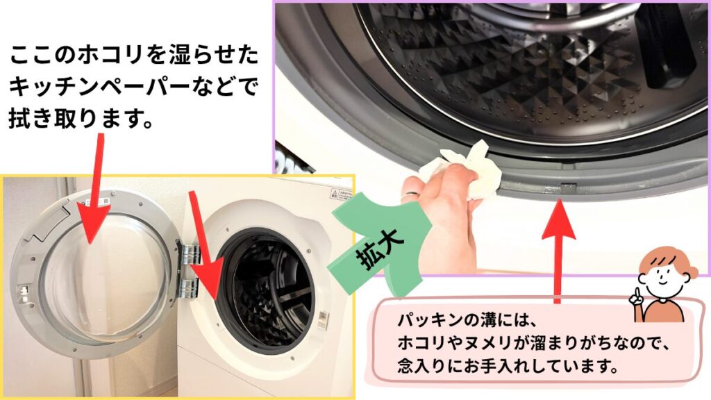 洗濯乾燥機のドアパッキンをキッチンペーパーで拭き取る手順を示した写真