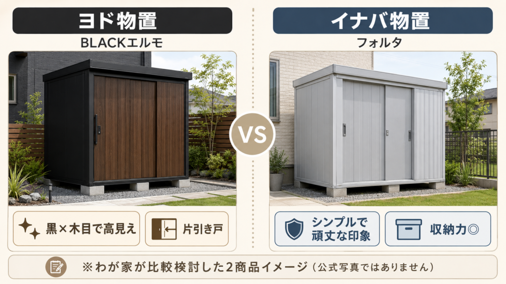 ヨド物置BLACKエルモとイナバ物置フォルタの比較イメージ。黒×木目のヨド物置とライトグレーのイナバ物置を並べて比較