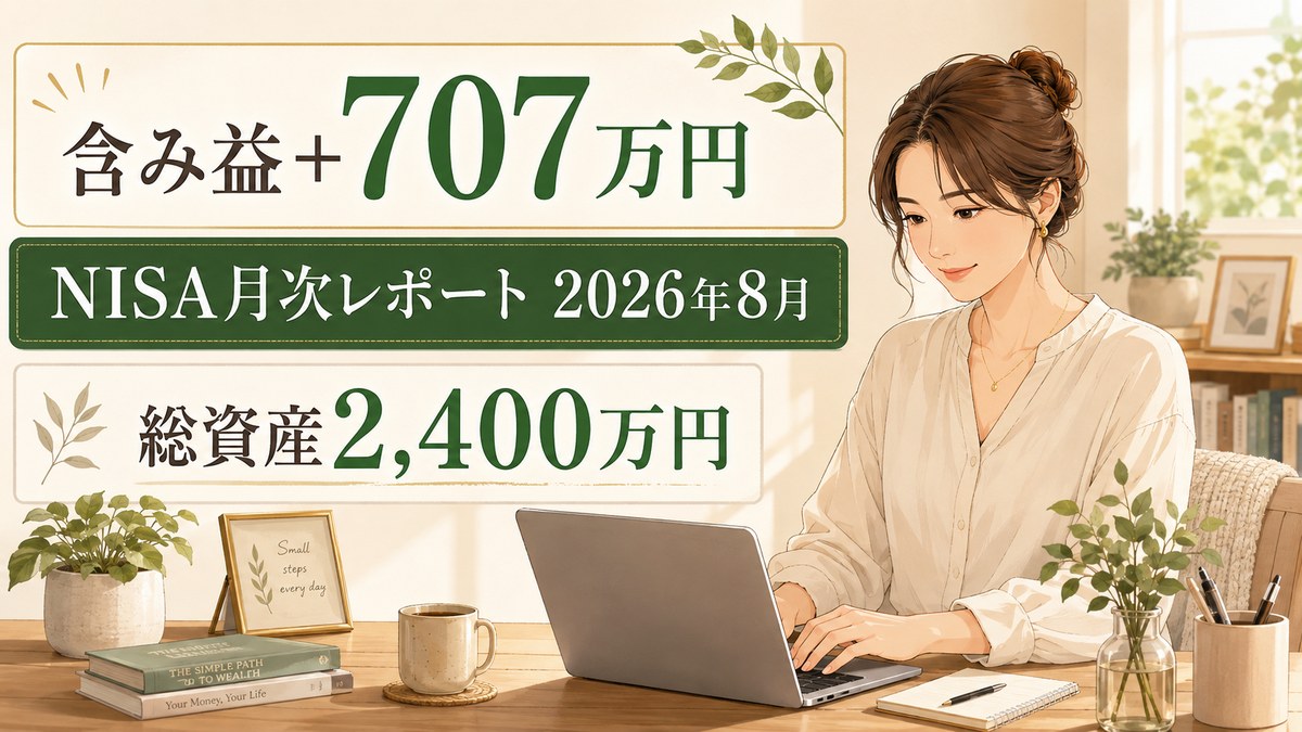 NISA月次レポート2026年8月のアイキャッチ、含み益+707万円・総資産2,400万円という文字入りのイラスト