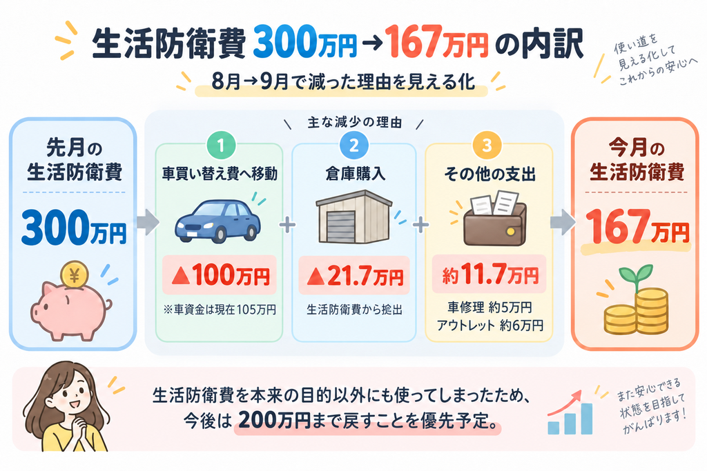 生活防衛費300万円が167万円に減った内訳｜車買い替え資金100万円、物置約21.7万円、車修理約5万円、アウトレット約6万円